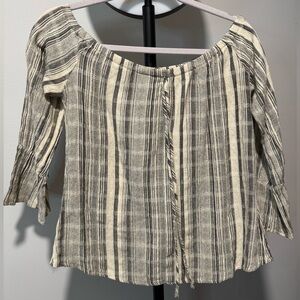 Gray and Tan Puff Sleeve Smocked Blouse